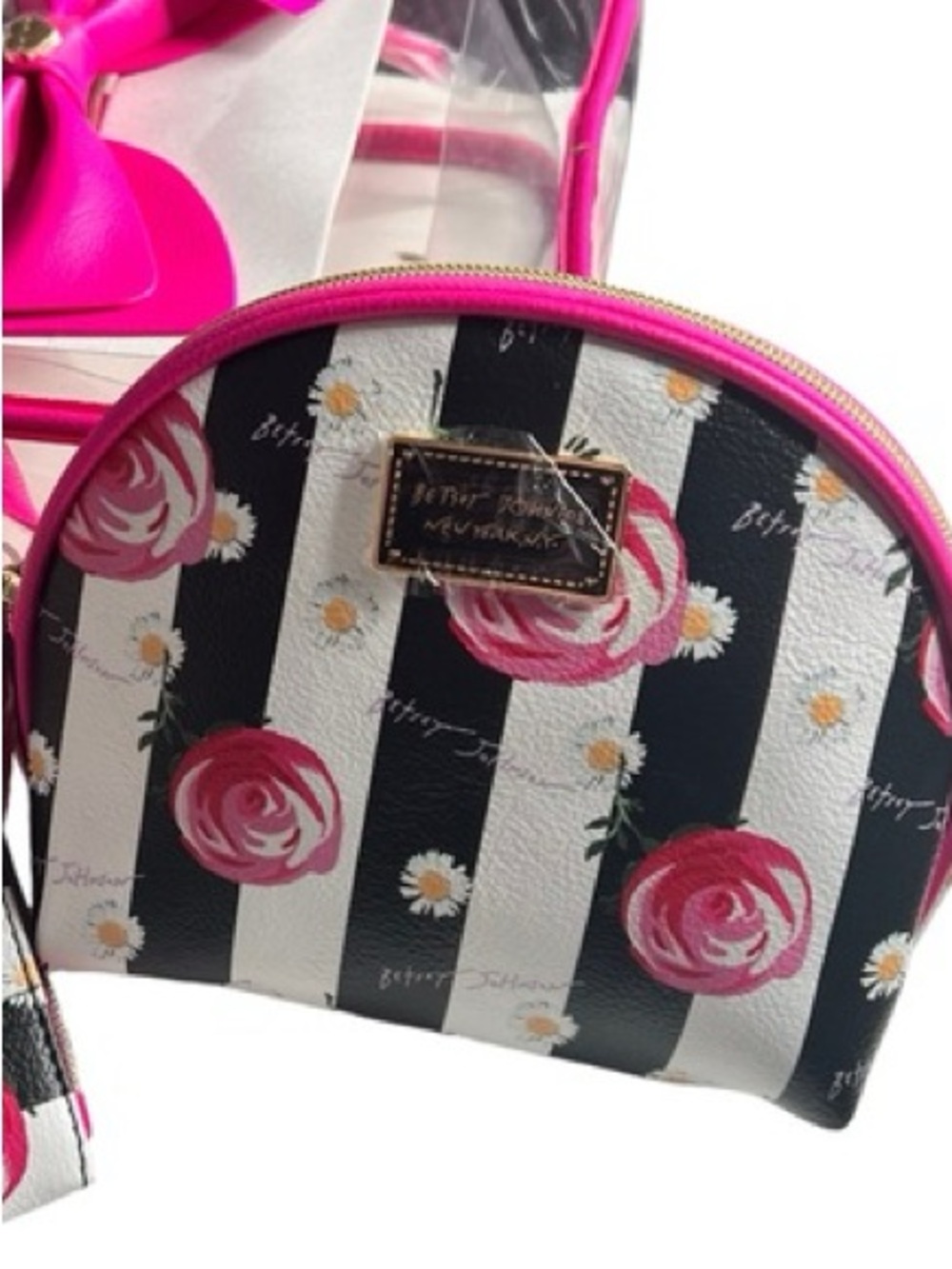 Betsey Johnson Black and White Striped Mini Bag with Pink Floral Accents